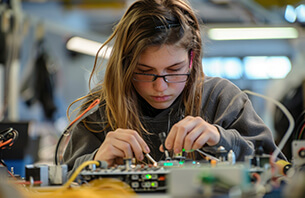 Estudiante mujer de nivel terciario trabajando en un circuito electrónico avanzado