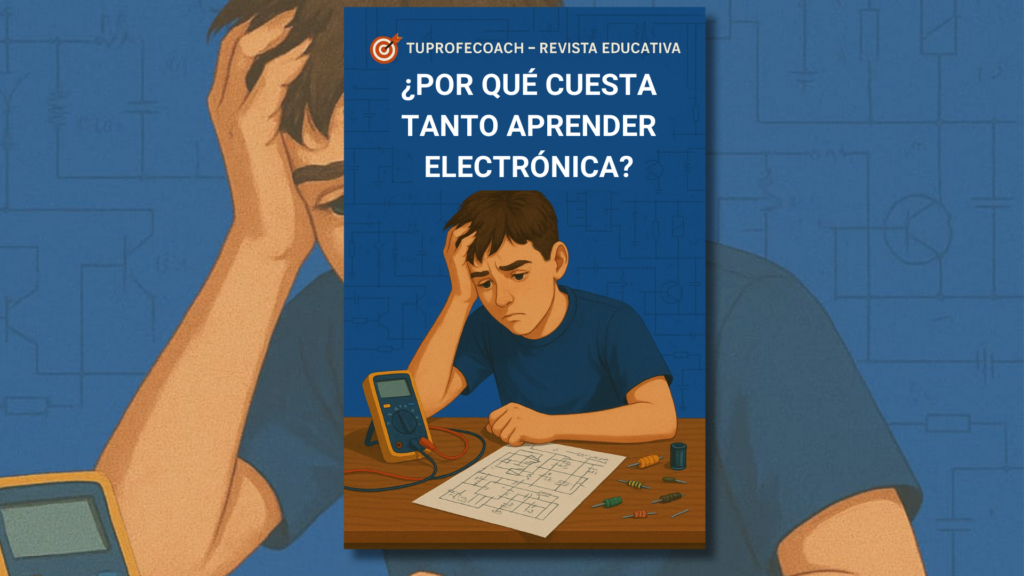 Ilustración de un estudiante de escuelas técnicas con expresión de frustración frente a un circuito electrónico, planos y un multímetro, con el título "¿Por qué cuesta tanto aprender Electrónica?"