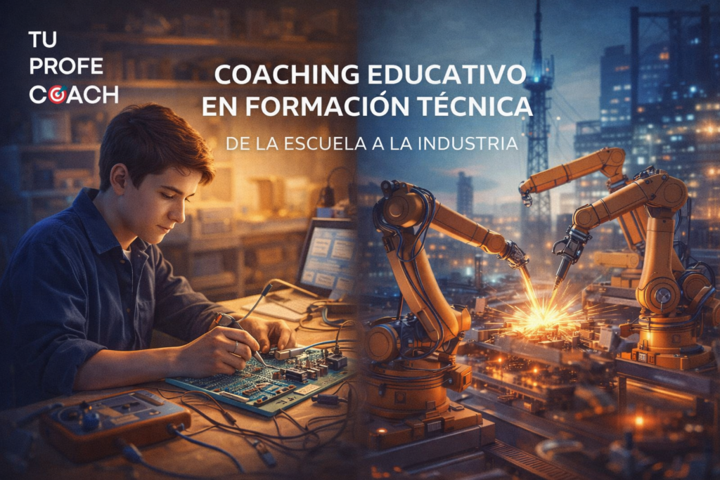 Estudiante de electrónica trabajando en laboratorio junto a imagen de industria automatizada representando el puente entre educación técnica e industria en Argentina