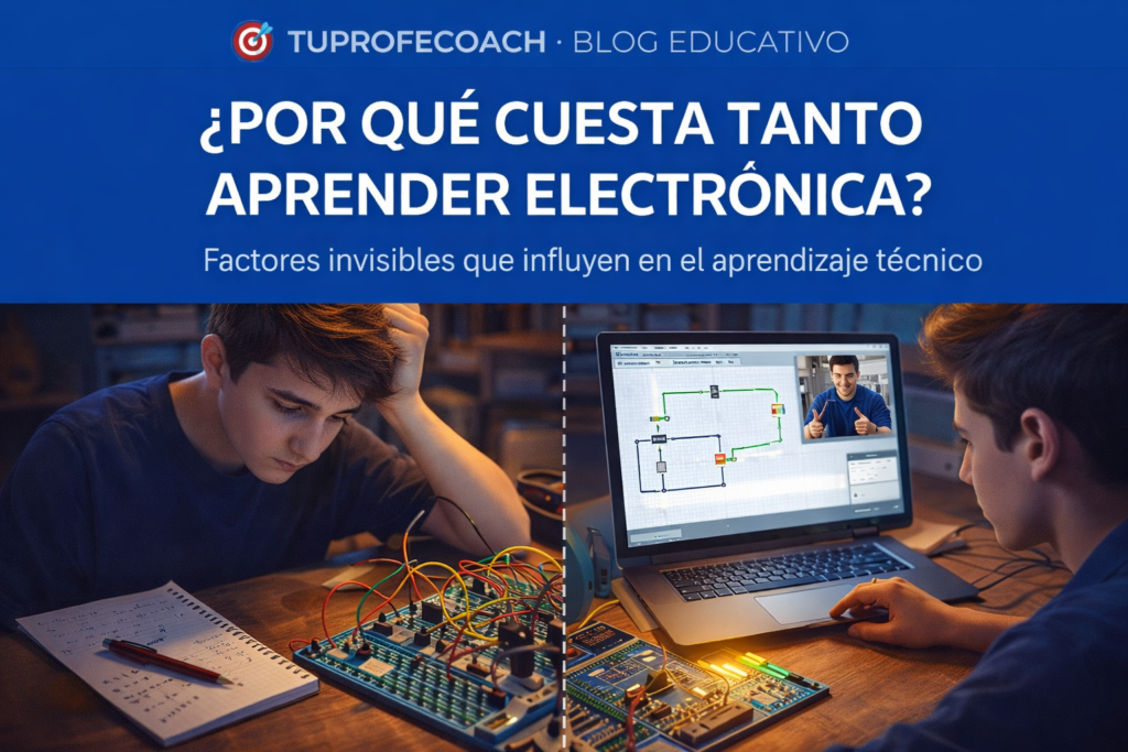Estudiante de electrónica frustrado frente a un circuito complejo y, en contraste, el mismo estudiante aprendiendo con claridad mediante acompañamiento educativo en una videollamada, utilizando simulación de circuitos en computadora.